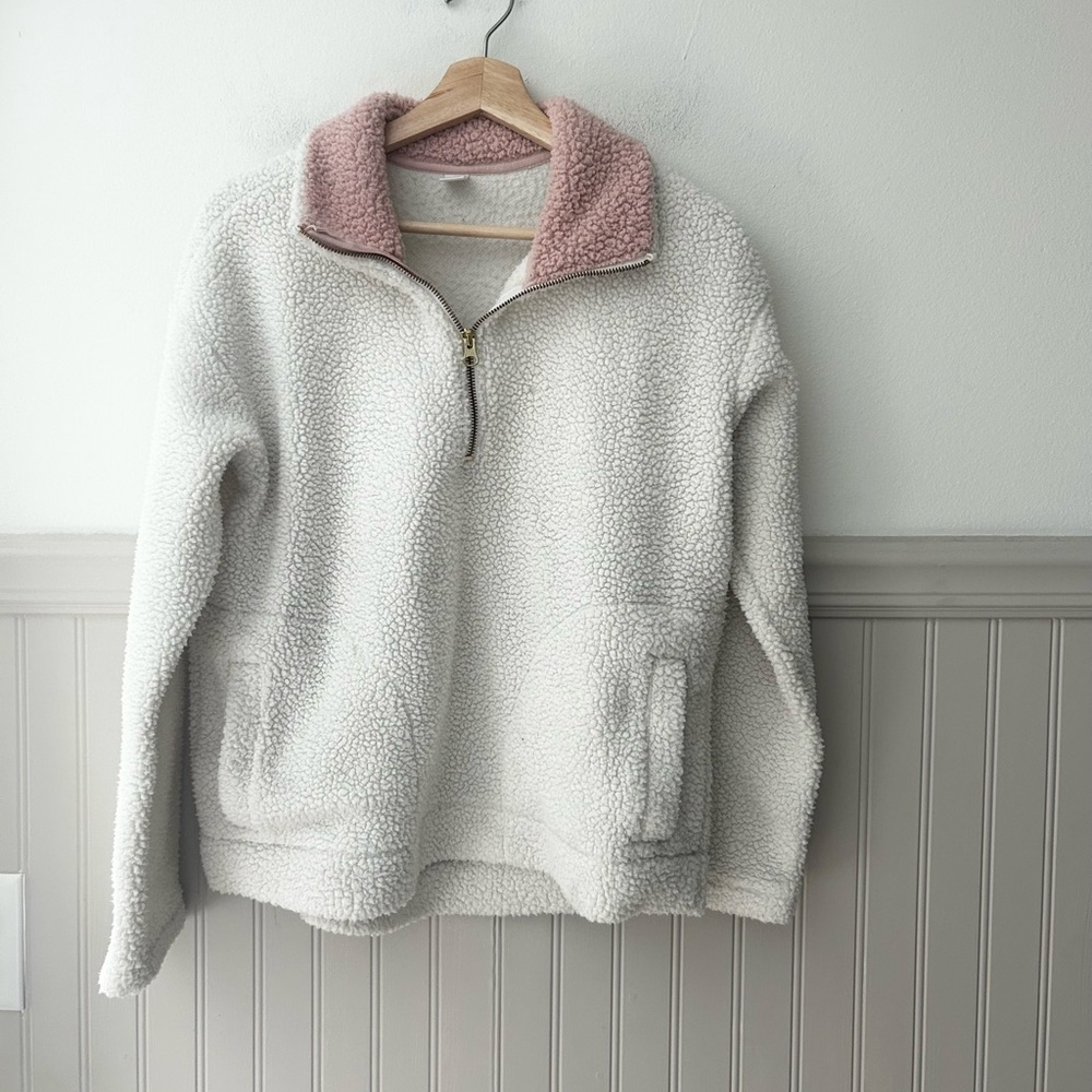Old Navy Women’s Small White Pink Sherpa Quarter Zip Pullover Cozy Fleece